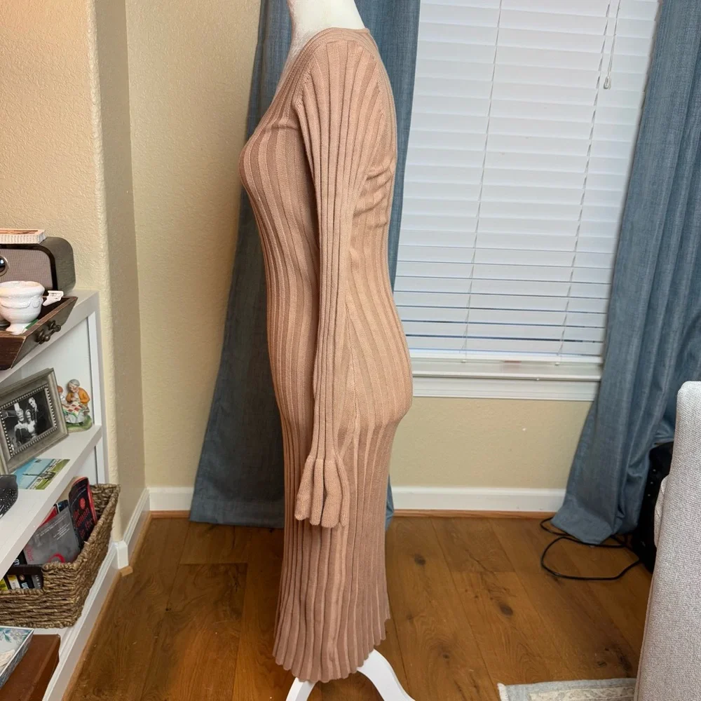 Rachel Parcell Wide Rib Midi Sweater Dress Flounce Sleeve Fitted Camel Sz S - Picture 6 of 12